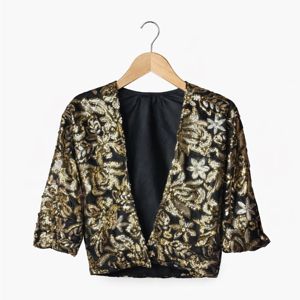 Small Shop. Size 2/3. Gold and Black Sequin Floral Jacket. Excellent Condition